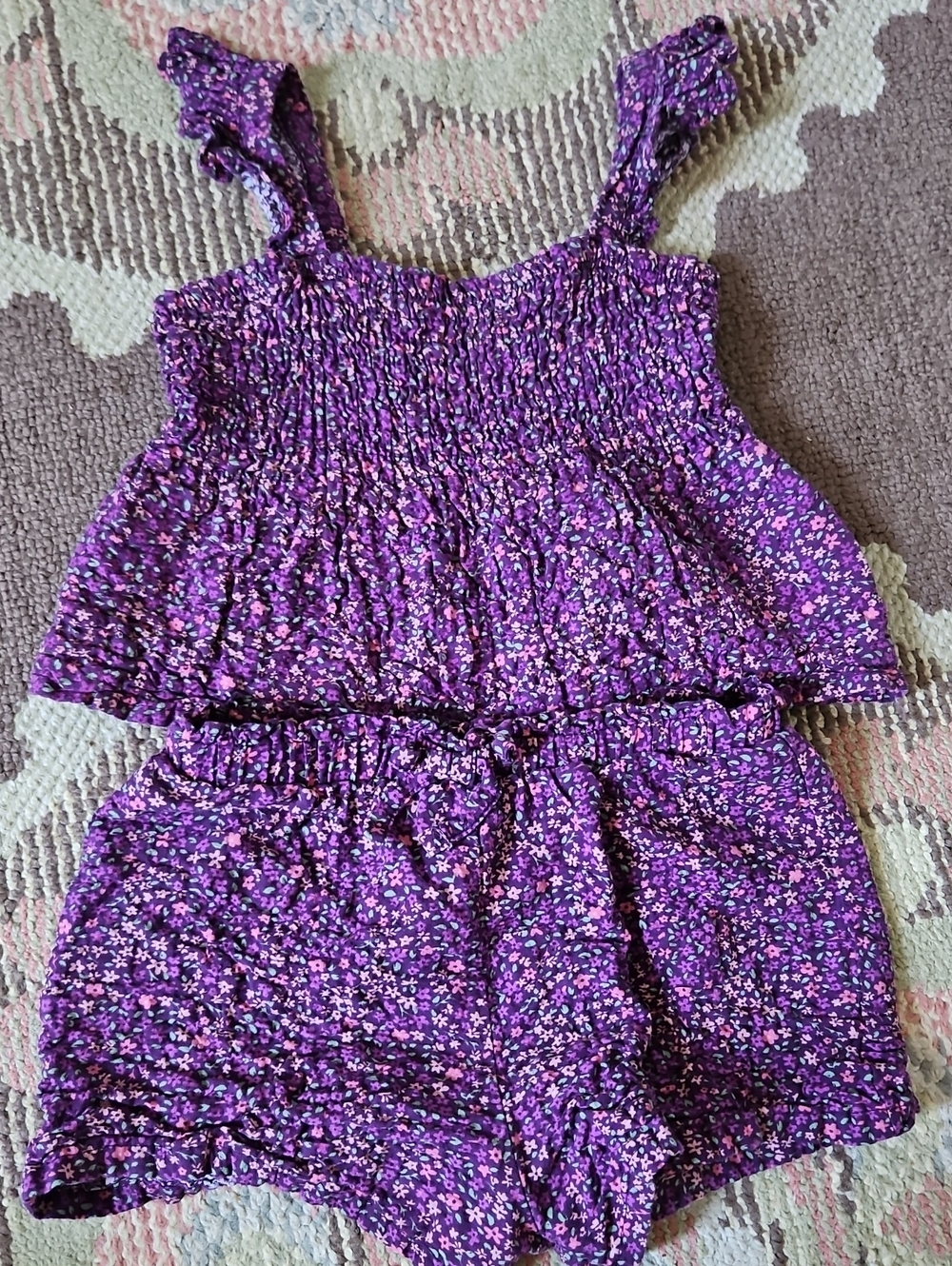 btween Purple Floral Smocked Tank Top and Shorts Set